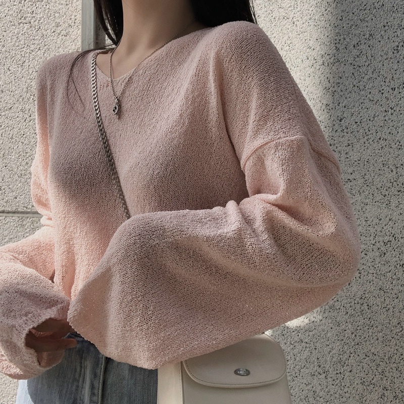 New loose lazy style V-neck sunscreen blouse Korean Spring and Autumn long sleeve knitted pullover sweater women's top MC women's clothing YPLZ