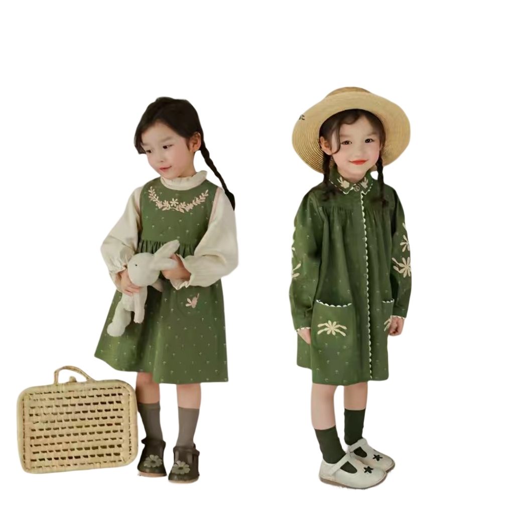 Set Đầm Cổ Bẻ Thêu Hình Chú Voi / Hoa Xinh Xắn Thời Trang Mùa Xuân 2023 Cho Bé Gái