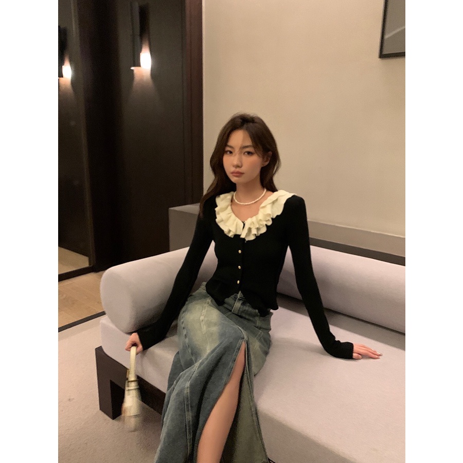 Áo Sweater Tay Dài Cổ Phối Bèo Thiết Kế Mới Thời Trang Mùa Thu Dành Cho Nữ