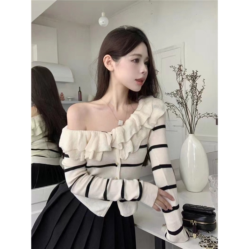 Áo Sweater Tay Dài Cổ Phối Bèo Thiết Kế Mới Thời Trang Mùa Thu Dành Cho Nữ