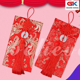 Bao Lì Xì Vải Gấm Cao Cấp Đỏ Gắn Nơ Ngọc Bội 1 Chiếc