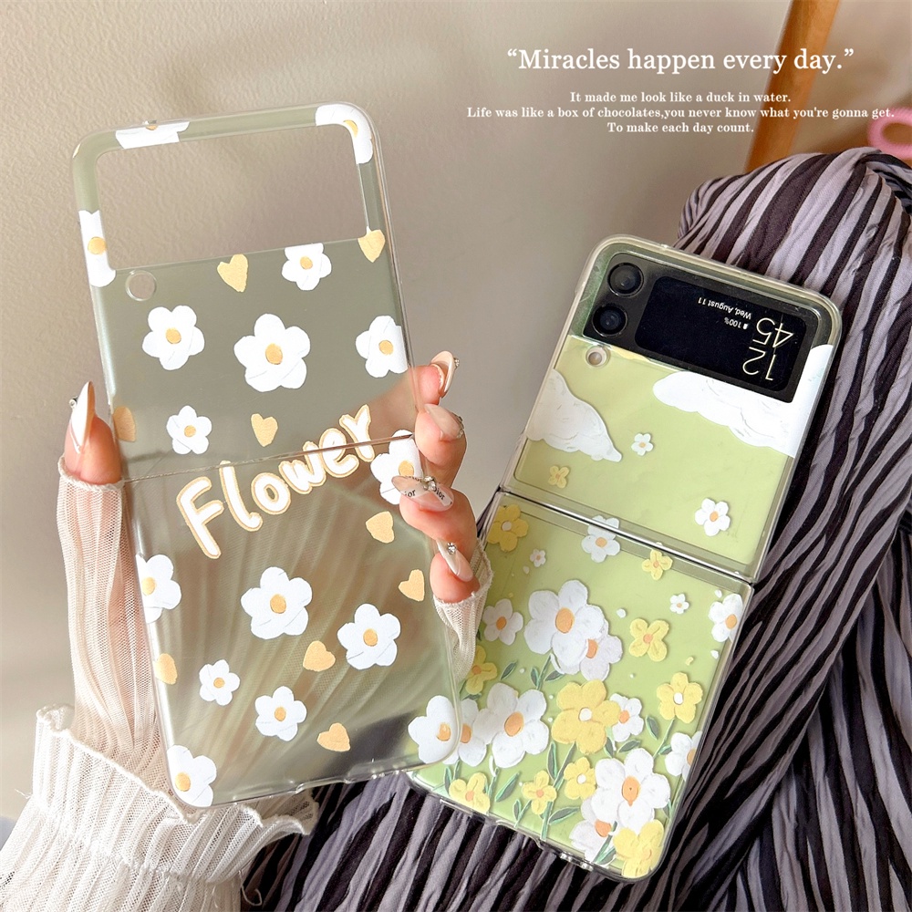 Bao Da Điện Thoại Nắp Gập Cứng Họa Tiết Hoa Màu Trắng Trong Suốt Cho samsung galaxy z flip 3 4 5 z flip5 flip3 flip4 Ốp