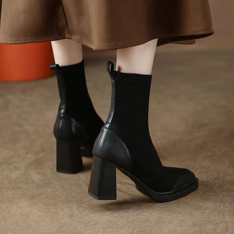 Đen Giày Bốt Cao Gót Cổ Ngắn Đế Dày Co Giãn Thời Trang Cho Nữ