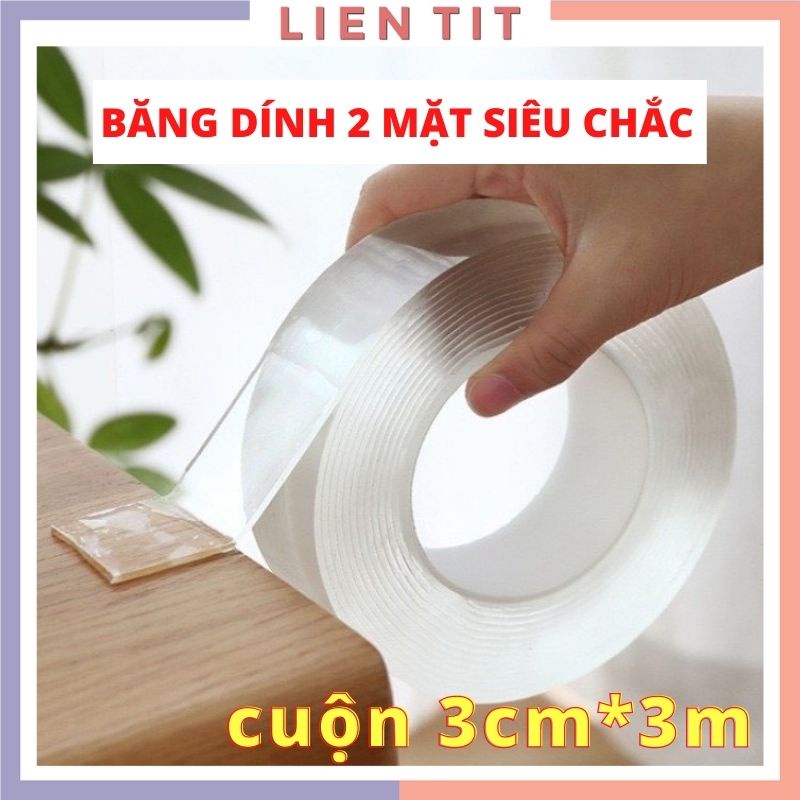 Băng dính 2 mặt siêu dính băng keo Nano trong suốt 3cm*3m dán tường dính mọi bề mặt tiện lợi