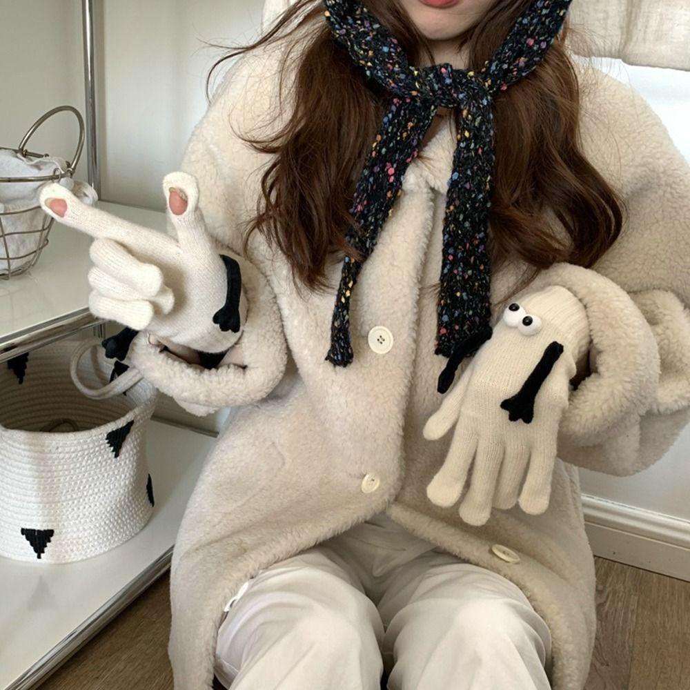 Cordellaub Găng Tay Len Dệt Kim Hình Búp Bê Đôi Mắt To Ấm Áp Đơn Giản Dùng Khi Lái Xe Cho Cặp Đôi