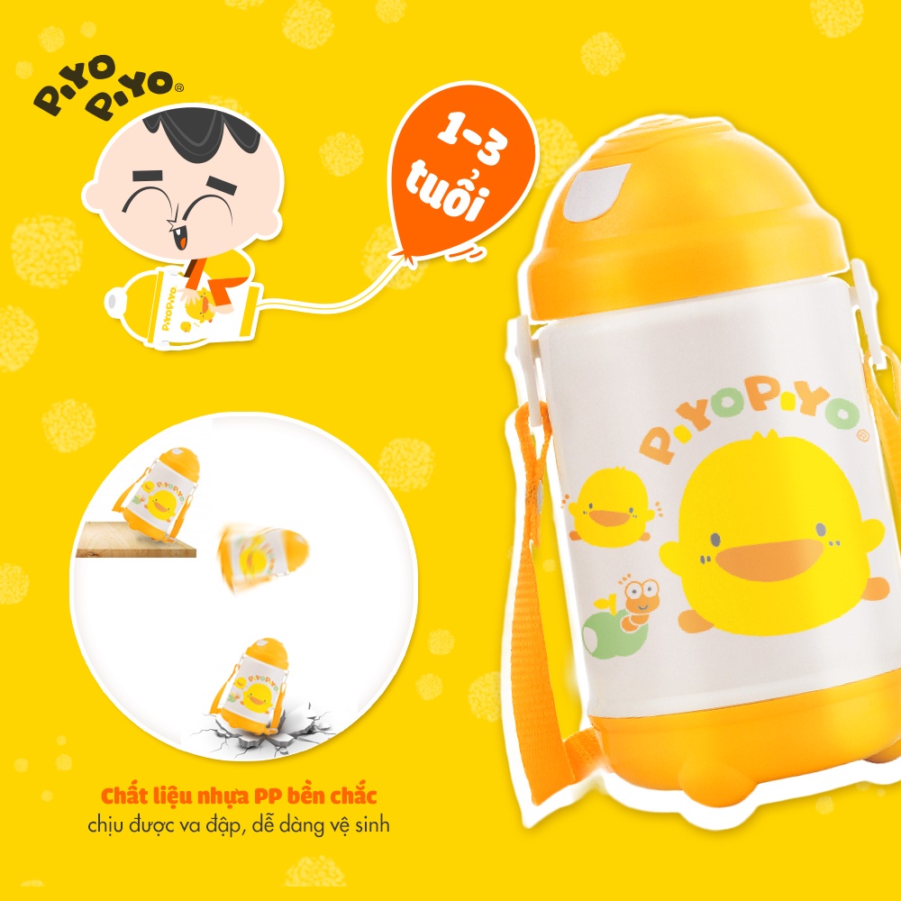 Bình Giữ Nhiệt Cho Bé Có Dây Đeo Piyo Piyo 375ml - 420ml , Bấm Nút Mở Dễ, Ống Hút Ngăn Tràn