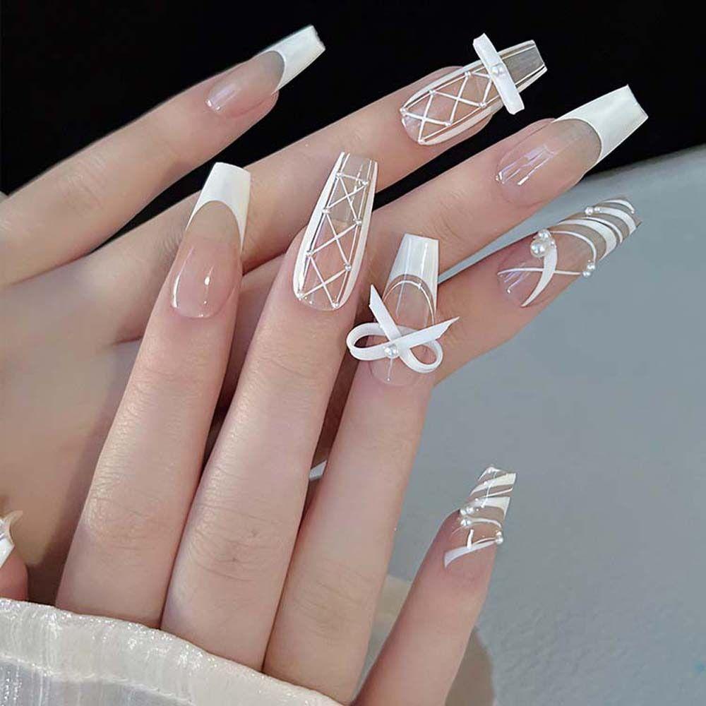 Ellaub set 5 Phụ Kiện Trang Trí Móng Tay Nghệ Thuật Hình Nơ Ruy Băng Màu Trắng Hồng Phong Cách Nhật Bản