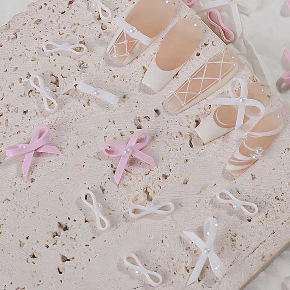 Ellaub set 5 Phụ Kiện Trang Trí Móng Tay Nghệ Thuật Hình Nơ Ruy Băng Màu Trắng Hồng Phong Cách Nhật Bản