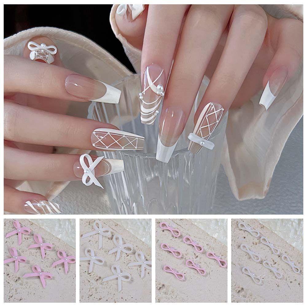 Ellaub set 5 Phụ Kiện Trang Trí Móng Tay Nghệ Thuật Hình Nơ Ruy Băng Màu Trắng Hồng Phong Cách Nhật Bản