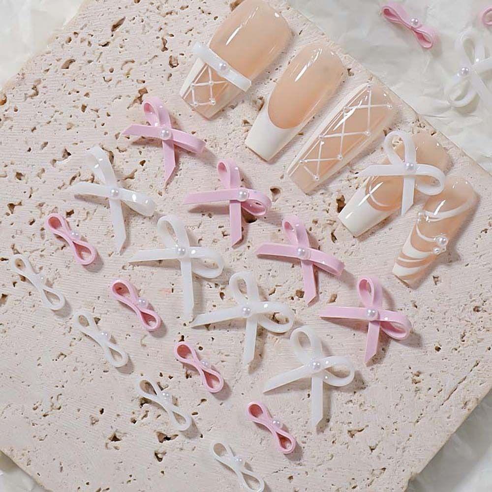 Ellaub set 5 Phụ Kiện Trang Trí Móng Tay Nghệ Thuật Hình Nơ Ruy Băng Màu Trắng Hồng Phong Cách Nhật Bản