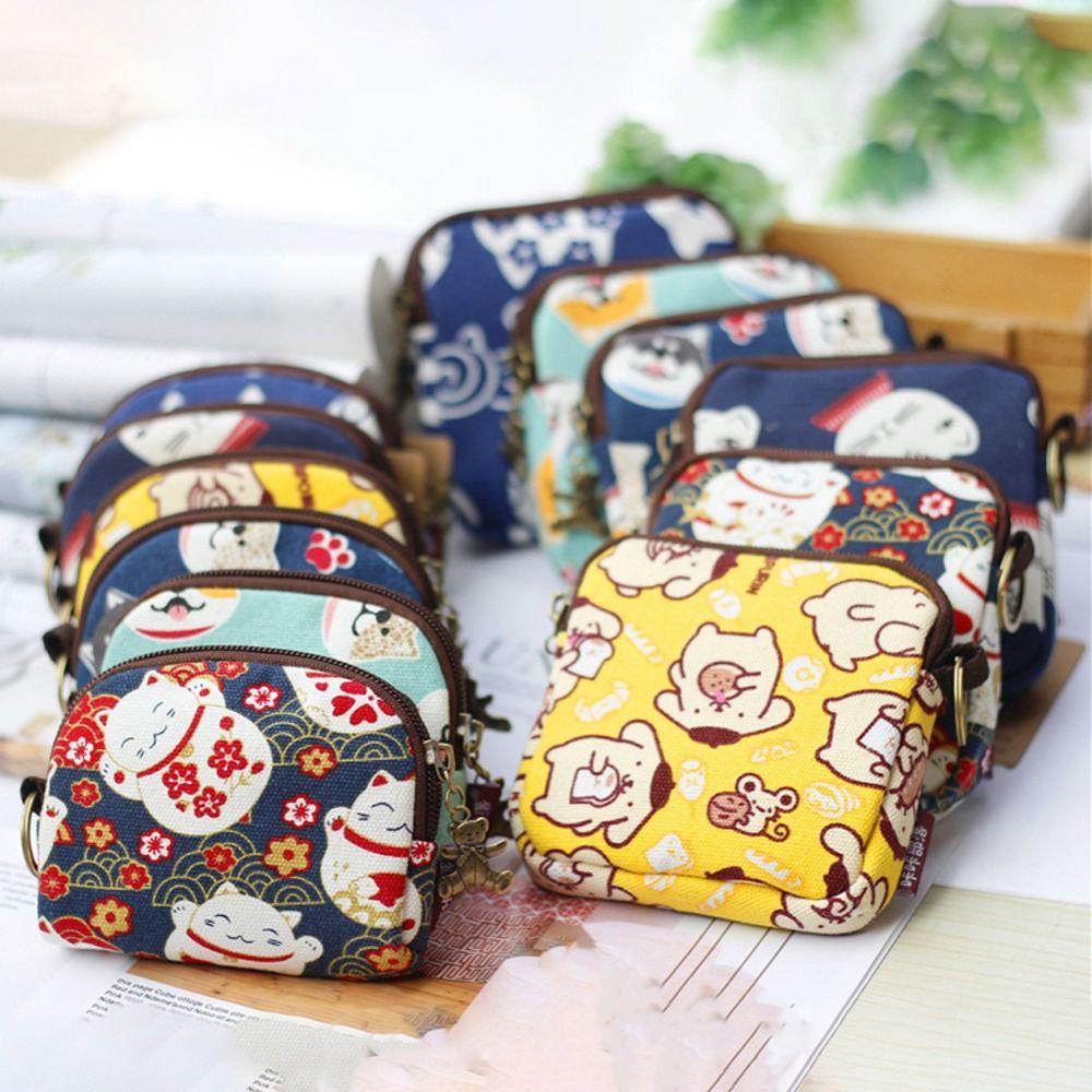 Mxmio Ví Đựng Tiền Xu / Thẻ Bằng Vải canvas Hình Mèo May Mắn / Hoa / Chữ kawaii Cho Nam / Nữ