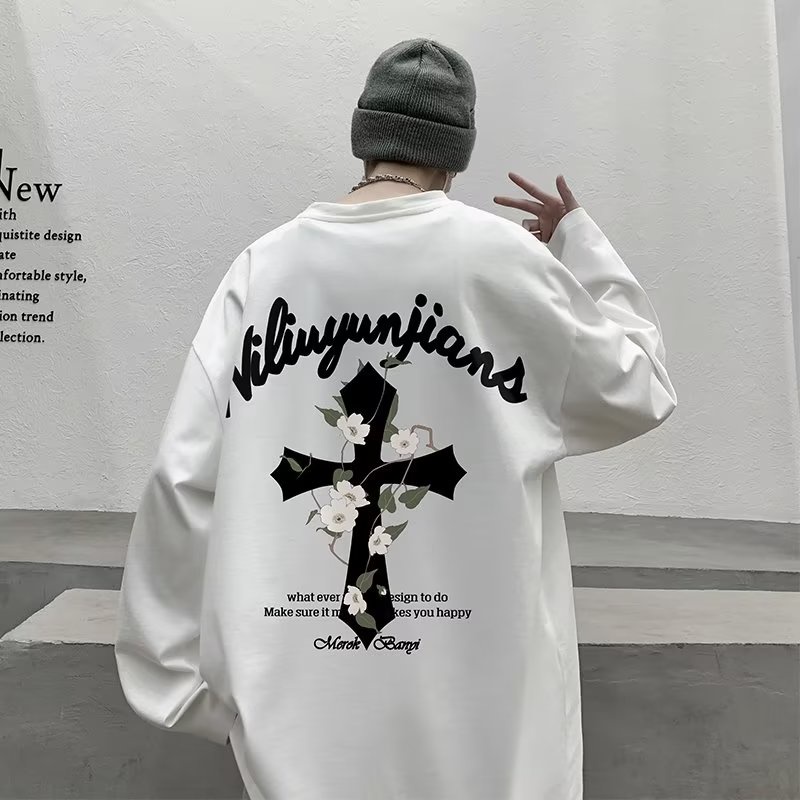 Áo sweater Tay Dài Cổ Tròn Dáng Rộng In Chữ Thập Thời Trang Cho Nam