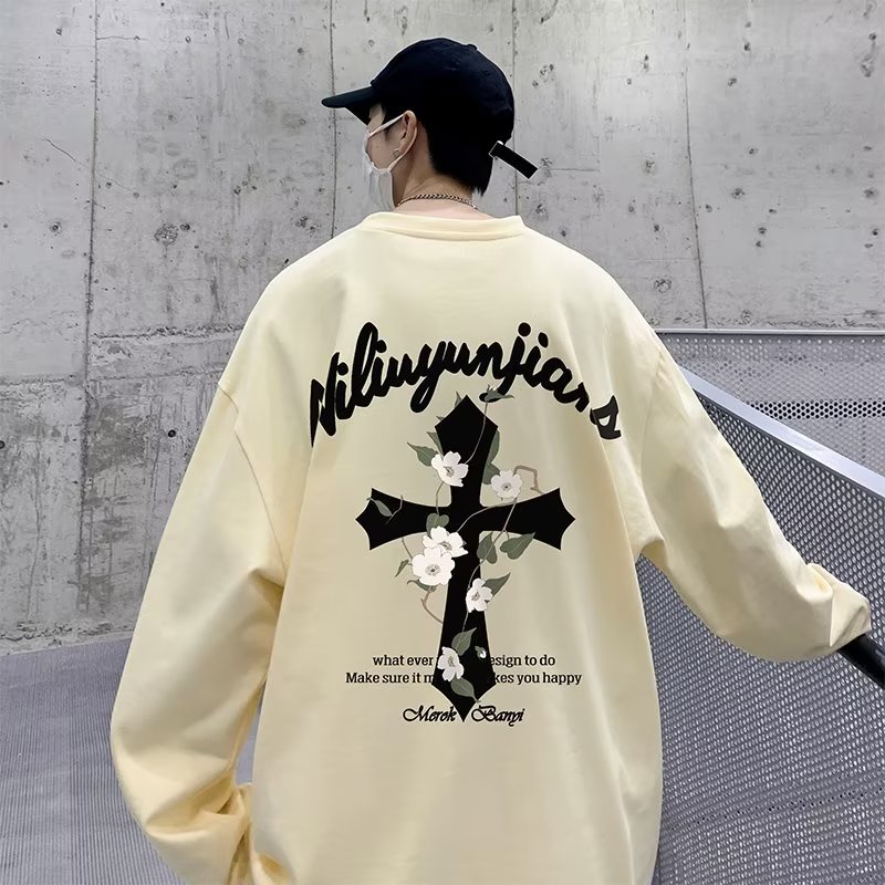 Áo sweater Tay Dài Cổ Tròn Dáng Rộng In Chữ Thập Thời Trang Cho Nam