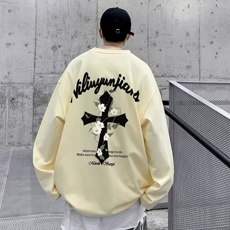 Áo sweater Tay Dài Cổ Tròn Dáng Rộng In Chữ Thập Thời Trang Cho Nam