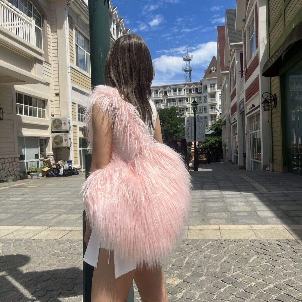 Risedot Túi Đeo Chéo Vai Bằng Vải Lông Xù Hình Trái Tim Dễ Thương Có Dây Đeo Lông Xù Dáng Dài Cho Nữ