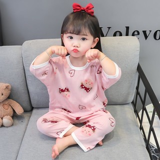 Bộ đồ ngủ cotton ba món mỏng phong cách mùa hè thu và mùa hè mới cho bé gái