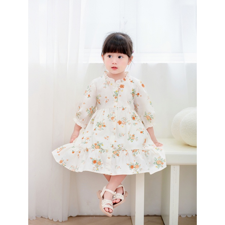 Váy Tay Lỡ CARROT Cho Bé Gái, Hoạ Tiết Hoa Cam Đất, Cổ Bèo Nẹp Cúc, Chất Liệu Thô Cotton