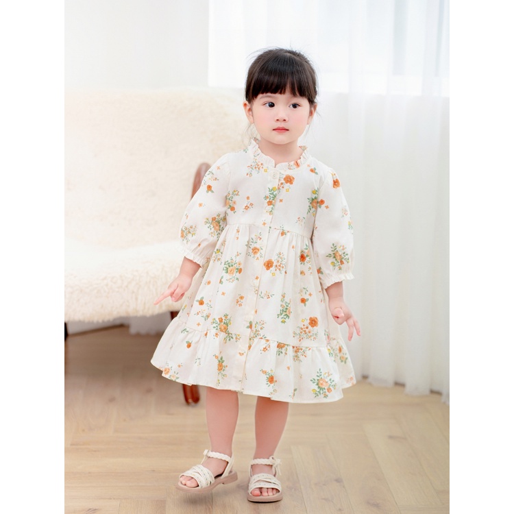 Váy Tay Lỡ CARROT Cho Bé Gái, Hoạ Tiết Hoa Cam Đất, Cổ Bèo Nẹp Cúc, Chất Liệu Thô Cotton