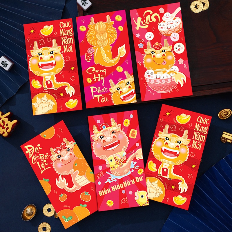 Set 6 Bao Lì Xì Năm Mới Họa Tiết Rồng Đỏ Dễ Thương