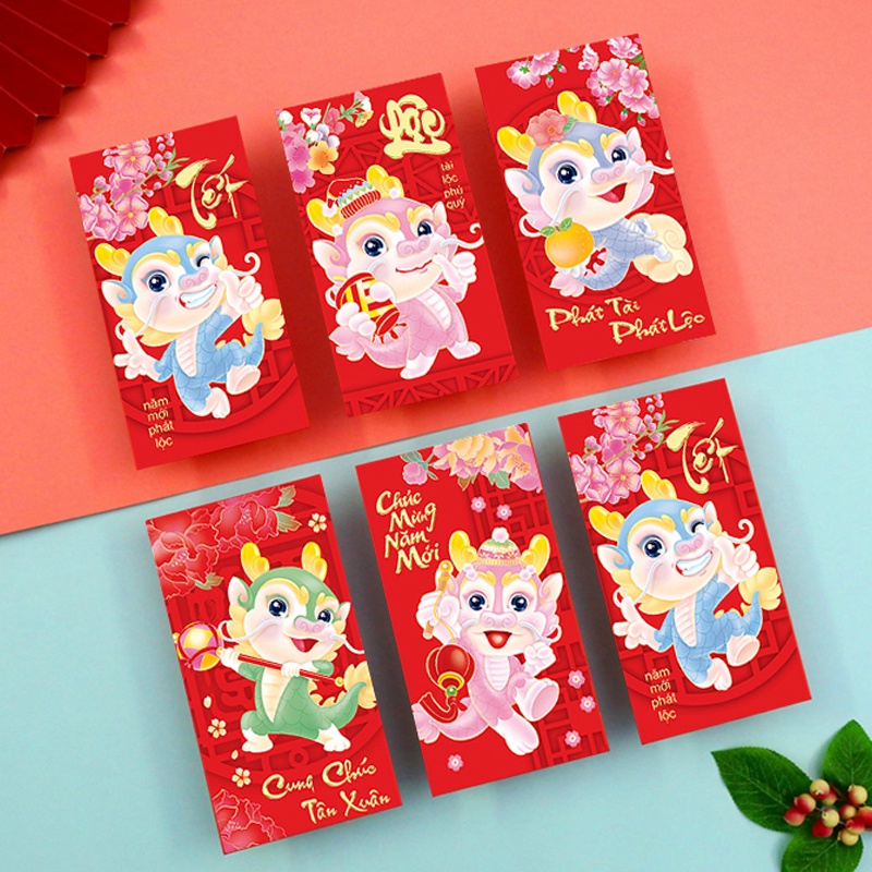 Set 6 Bao Lì Xì Năm Mới Họa Tiết Rồng Đỏ Dễ Thương