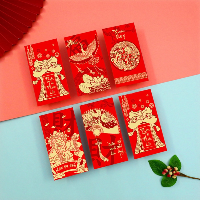 Set 6 Bao Lì Xì Đỏ In Hình Rồng Mừng Năm Mới Phong Cách Trung Hoa