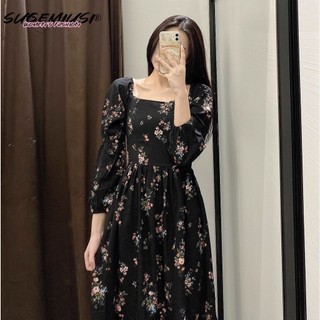 Sugemiusi đầm xòe dài trung bình cổ vuông thắt dây lưng in hoa cổ điển cỡ lớn