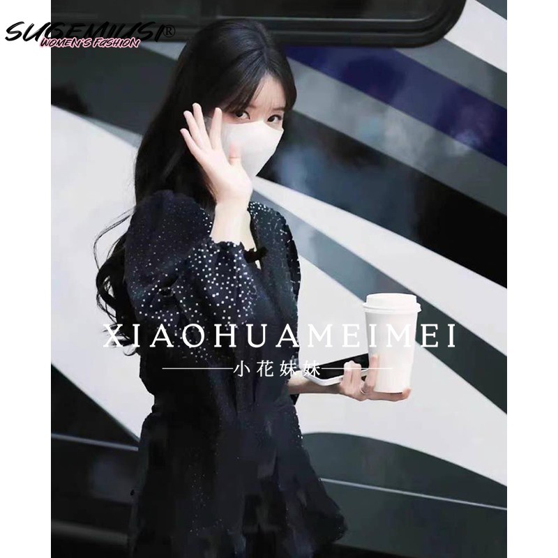 Đầm Voan Chữ a Tay Dài Phồng Cổ Chữ v Họa Tiết Chấm Bi Màu Đen Thời Trang Mùa Thu Kiểu Pháp Dành Cho Bạn Nữ