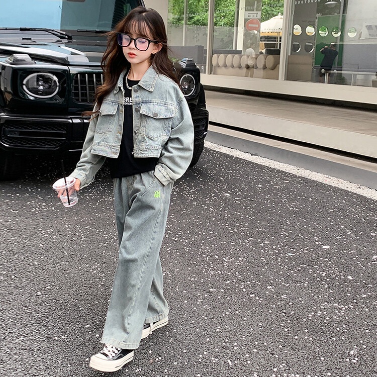 Set Áo Khoác denim + Quần jeans Dài Thời Trang Mùa Thu Mới Cho Bé Gái