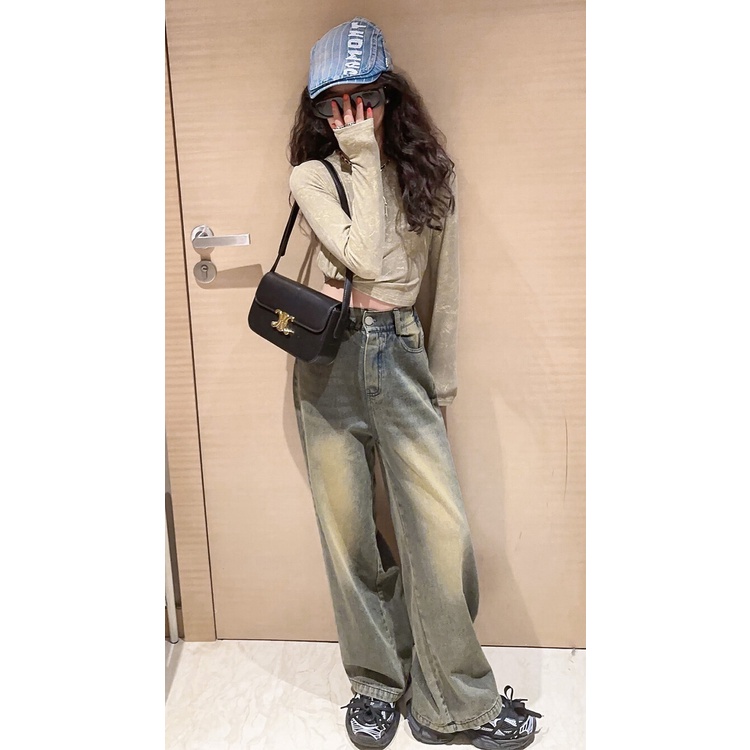 Set Áo Thun Tay Dài Nhuộm Màu Phối Quần jeans Dài Kiểu retro Thời Trang Cho Bé Gái