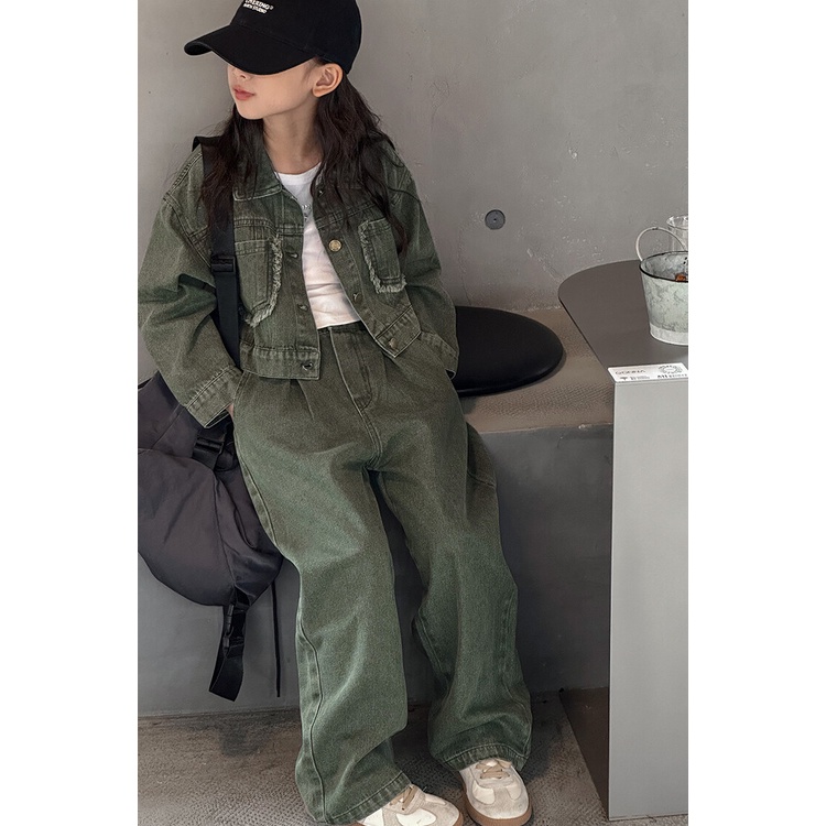 Set Áo Khoác denim Màu Hồng + Quần Dài Thời Trang Mùa Thu Cho Bé Gái