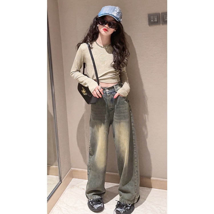 Set Áo Thun Tay Dài Nhuộm Màu Phối Quần jeans Dài Kiểu retro Thời Trang Cho Bé Gái