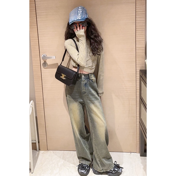 Set Áo Thun Tay Dài Nhuộm Màu Phối Quần jeans Dài Kiểu retro Thời Trang Cho Bé Gái