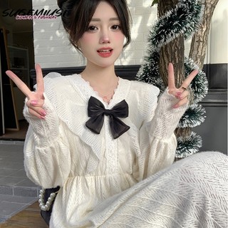 Sugemiusi Đầm Dài Tay Phối Ren Đính Nơ Nhẹ Nhàng Phong Cách Pháp Thời Trang Mùa Thu Dành Cho Nữ
