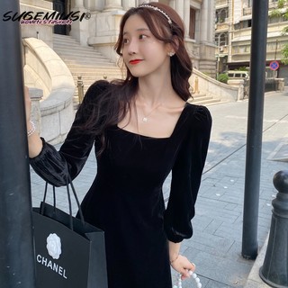 Sugemiusi Đầm Nhung Cổ Vuông Dáng Ôm Phong Cách retro Pháp Thời Trang Mùa Thu Cho Nữ