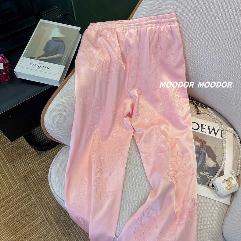 Quần Dài Ống Rộng Lưng Cao Vải satin Thêu Họa Tiết Phong Cách Trung Hoa Thời Trang Mùa Hè Mới Cho Nữ