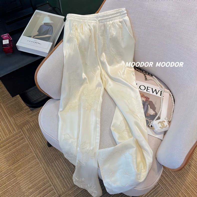 Quần Dài Ống Rộng Lưng Cao Vải satin Thêu Họa Tiết Phong Cách Trung Hoa Thời Trang Mùa Hè Mới Cho Nữ