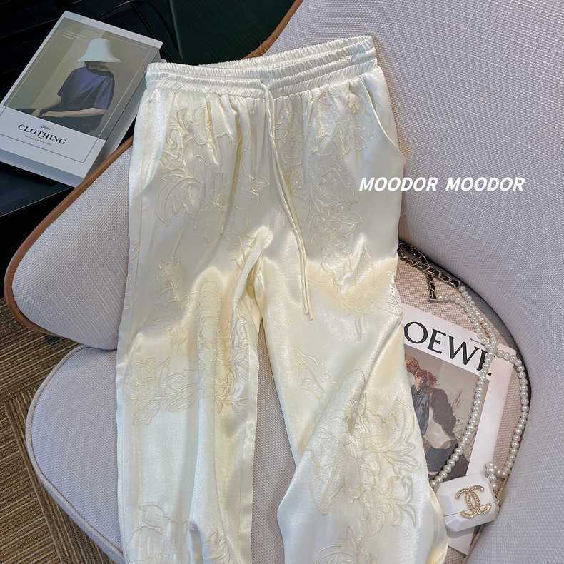 Quần Dài Ống Rộng Lưng Cao Vải satin Thêu Họa Tiết Phong Cách Trung Hoa Thời Trang Mùa Hè Mới Cho Nữ