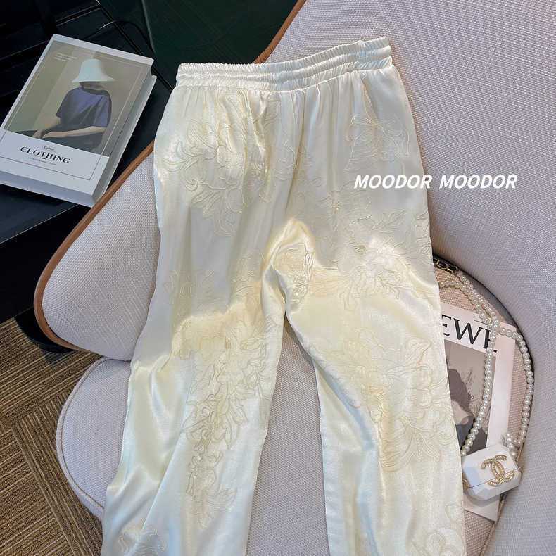 Quần Dài Ống Rộng Lưng Cao Vải satin Thêu Họa Tiết Phong Cách Trung Hoa Thời Trang Mùa Hè Mới Cho Nữ