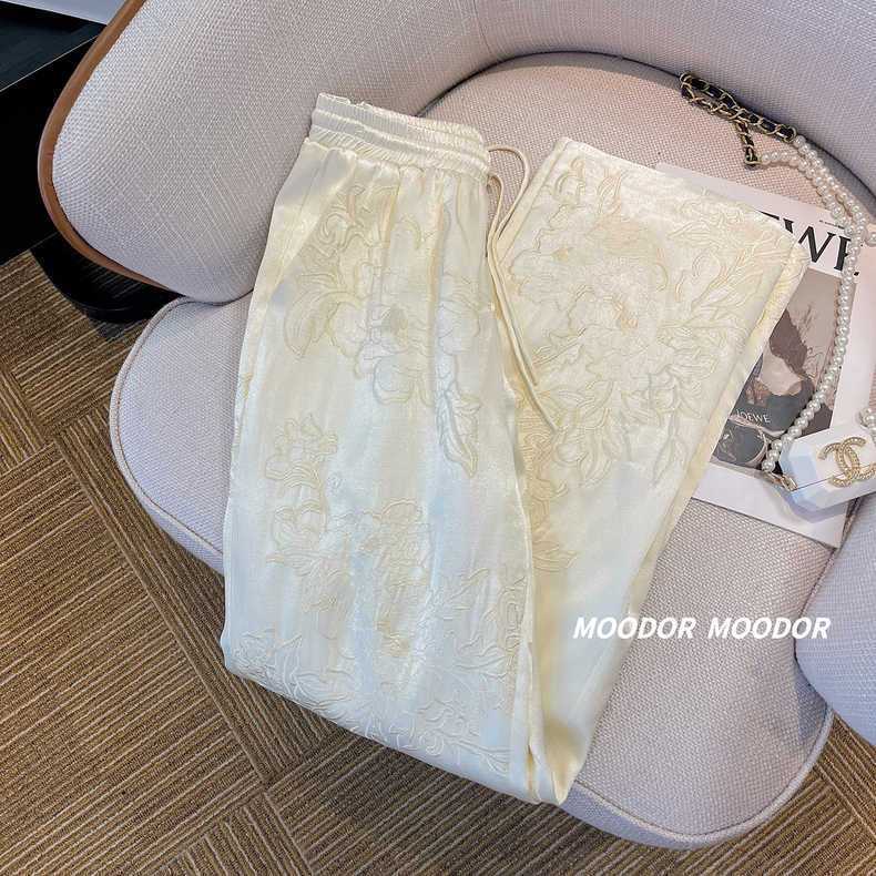 Quần Dài Ống Rộng Lưng Cao Vải satin Thêu Họa Tiết Phong Cách Trung Hoa Thời Trang Mùa Hè Mới Cho Nữ
