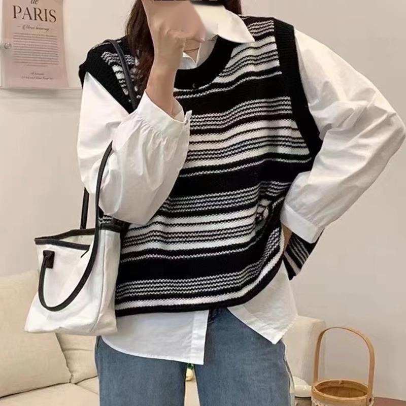 Áo sweater Dệt Kim Sát Nách Dáng Rộng Kẻ Sọc Kiểu Hàn Quốc Cá Tính