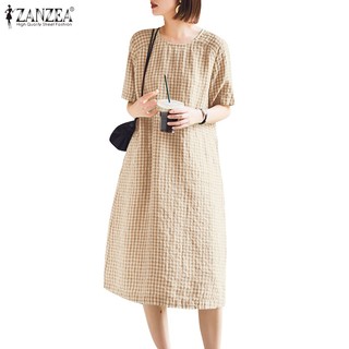 Zanzea Đầm Tay Ngắn Họa Tiết Caro Phong Cách Hàn Quốc Cho Nữ
