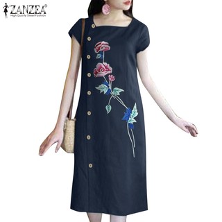 Đầm ZANZEA tay ngắn cổ vuông in họa tiết phong cách Hàn Quốc thời trang cho nữ