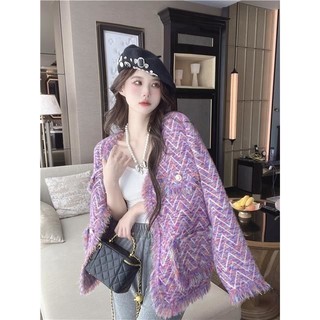 Thiết kế cảm giác tương phản màu áo khoác nữ mùa thu đông áo len dáng rộng cao cấp phù hợp với màu sắc áo len cổ chữ V