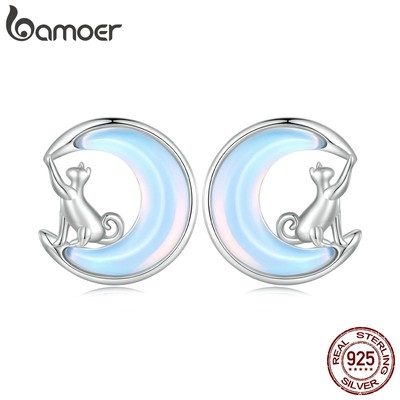 Bamoer Bông Tai Bạc sterling 925 Hình Mèo Mặt Trăng