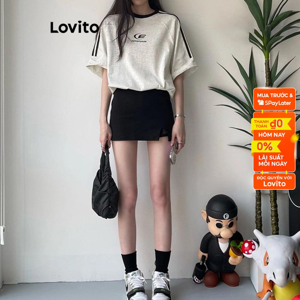 Áo thun Lovito ghép nối màu sắc in chữ cái thường ngày cho nữ LNA14152 (màu xám nhạt)