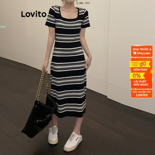 Đầm Lovito cổ vuông phối sọc thường ngày cho nữ LNE11013 (trắng đen)