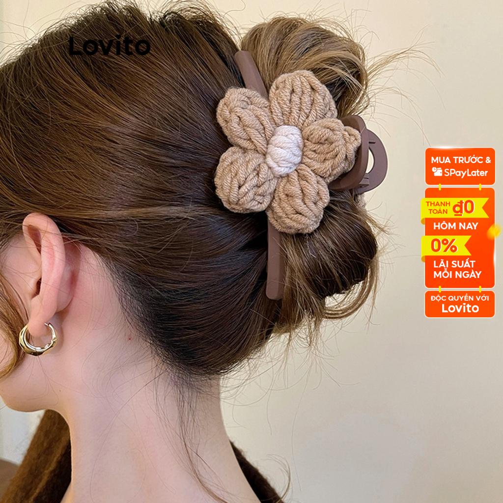 Kẹp tóc Lovito đính hoa màu trơn thường ngày cho nữ LNA14105 (Kaki/Trắng nhạt)