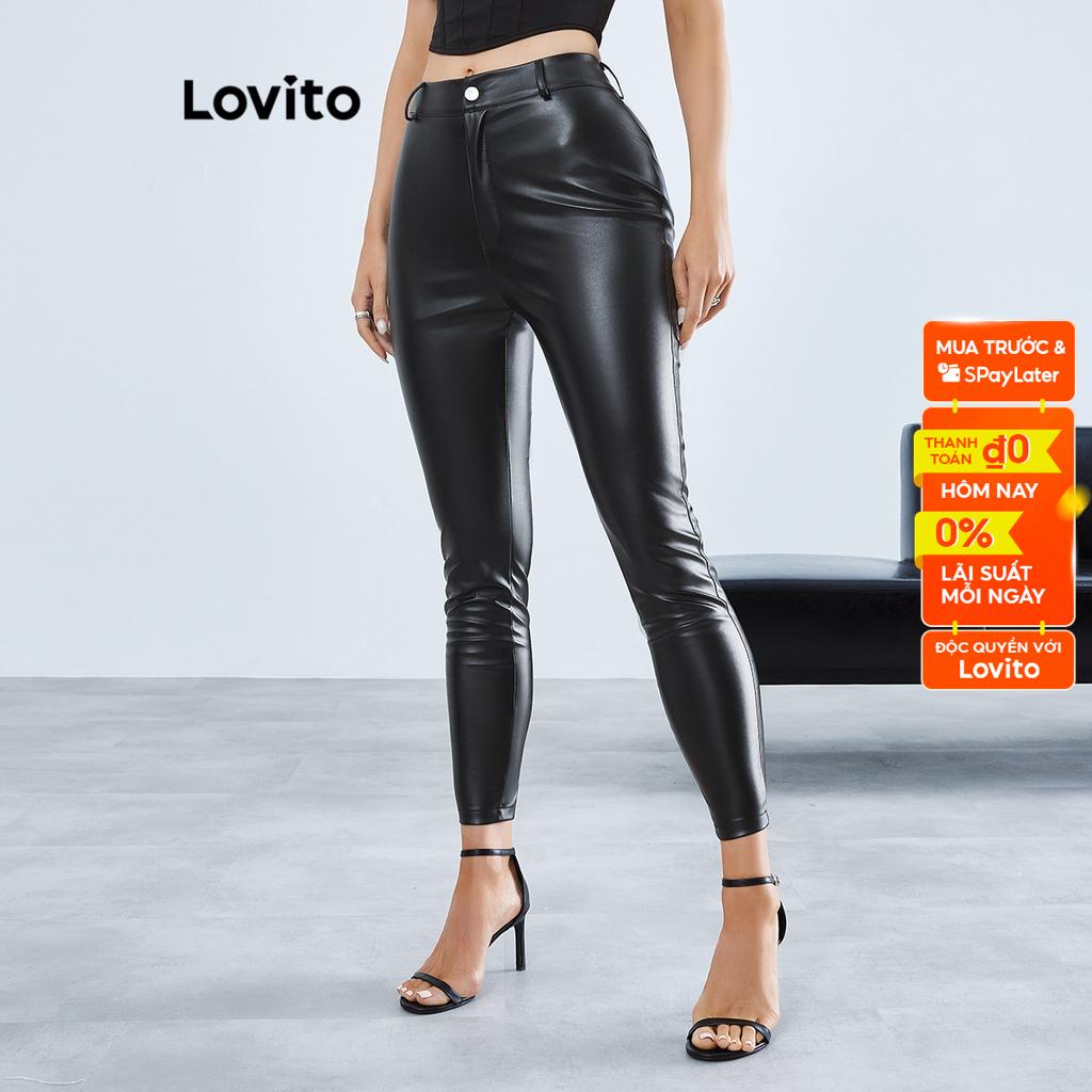 Quần LOVITO bằng PU đường kết cấu phối lông giả màu trơn thanh lịch cho nữ LBE01069 (Màu đen)