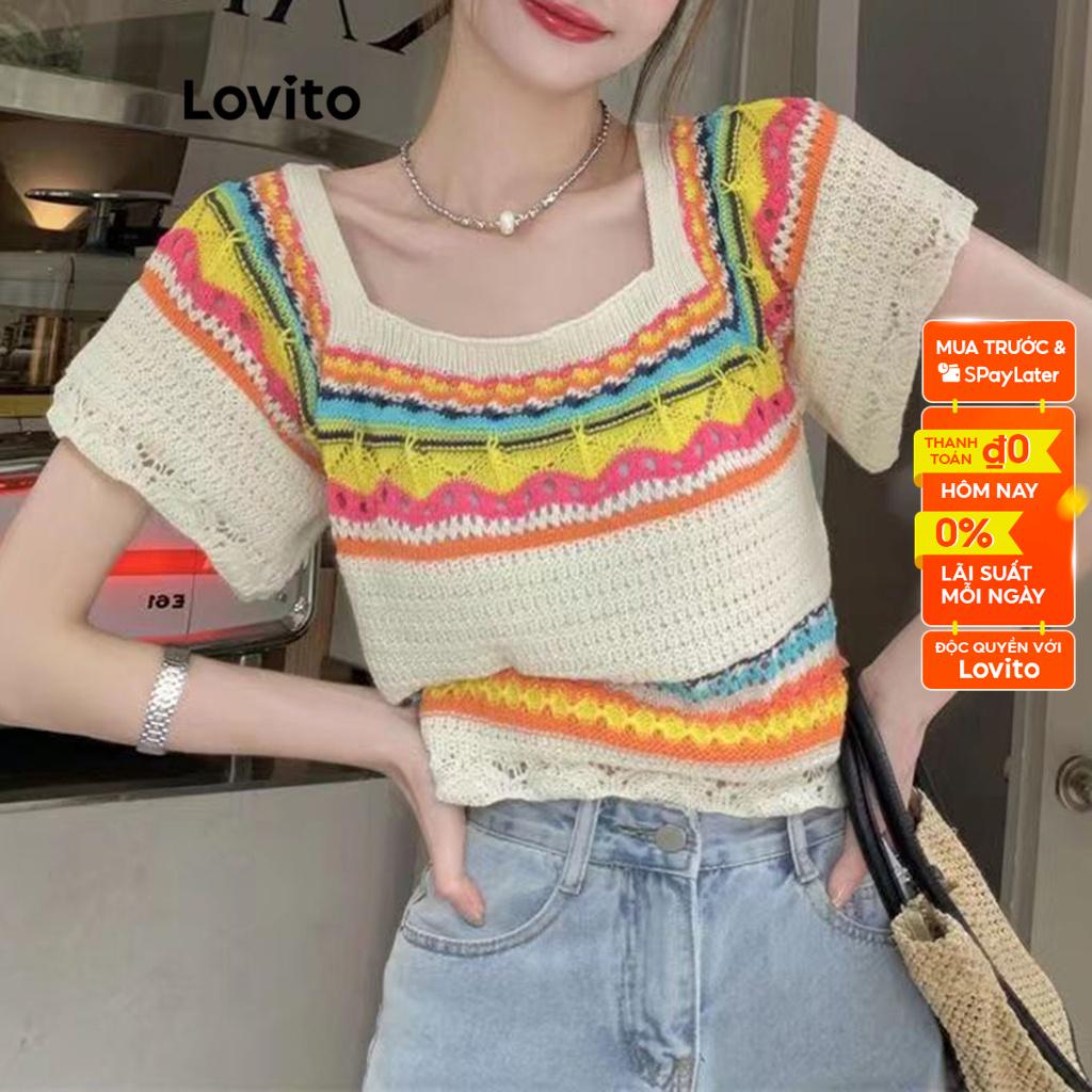 Lovito Áo đan tay sọc cầu vồng giản dị cơ bản cho nữ LNA16146 (Màu trắng ngà)