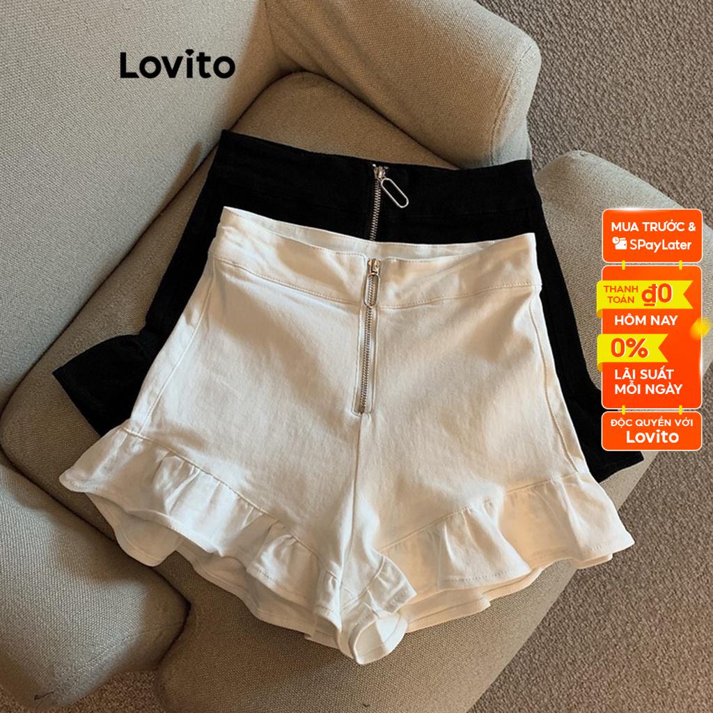 Lovito Quần short trơn viền xếp nếp có khóa kéo giản dị cho nữ LNA17128 (Trắng đen)